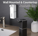 USB rechargeable automatic foam soap dispenser in white wall mounted and black countertop versions shown next to bathroom sink with plant