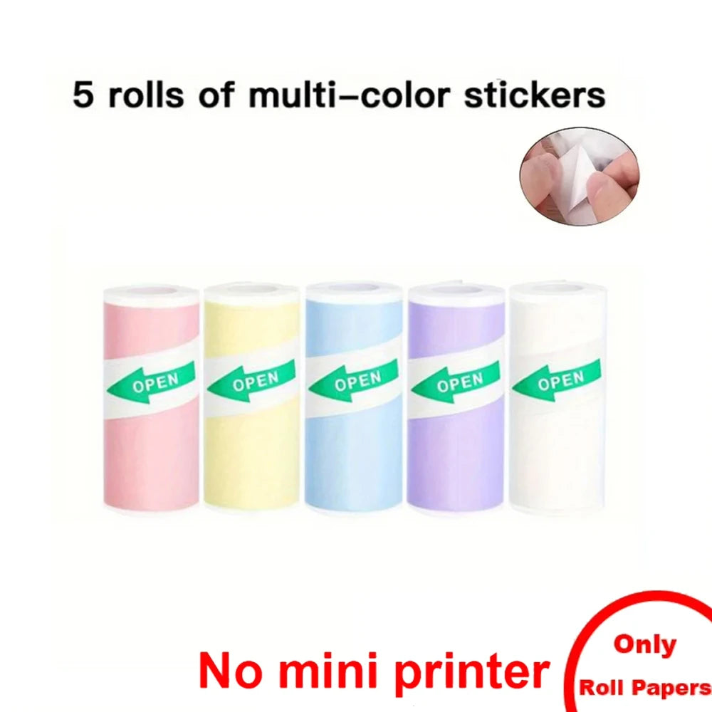Five rolls of pastel multi-color self-adhesive sticker paper for portable mini printer, paper only no printer included