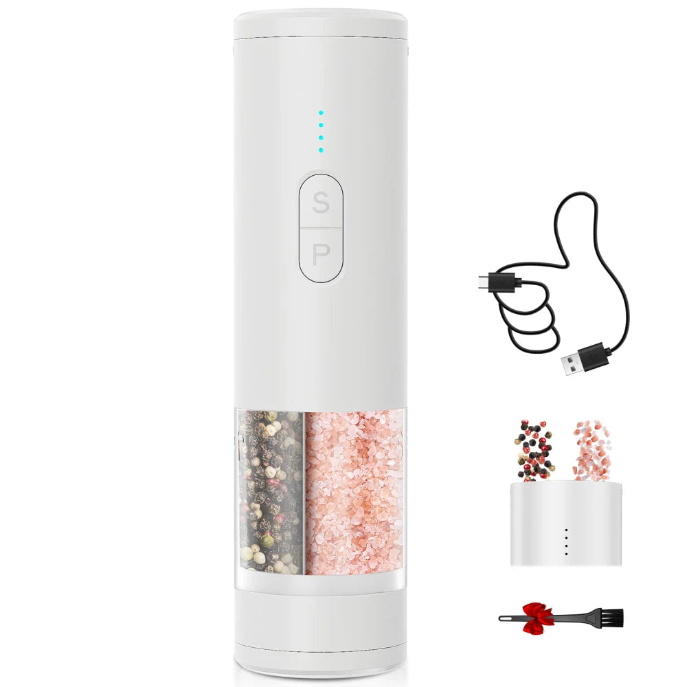 White 2-in-1 electric salt and pepper grinder with dual S and P buttons, teal LED dots, split transparent chamber; includes USB charging cable, refill funnel, and cleaning brush, on white background