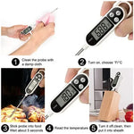 5-step usage guide for digital meat thermometer: 1) clean probe with damp cloth, 2) turn on and choose °F/°C, 3) stick probe into food and wait 5 seconds, 4) read the temperature, 5) turn off, clean, and put into sheath