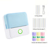 Blue portable thermal pocket printer with 3 thermal paper rolls, 3 colored self-adhesive sticker rolls, and USB cable package contents