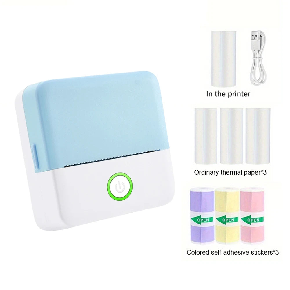 Blue portable thermal pocket printer with 3 thermal paper rolls, 3 colored self-adhesive sticker rolls, and USB cable package contents