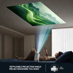 Compact 4K mini projector with 180-degree flexible rotation projecting green landscape onto ceiling above person lying on bed
