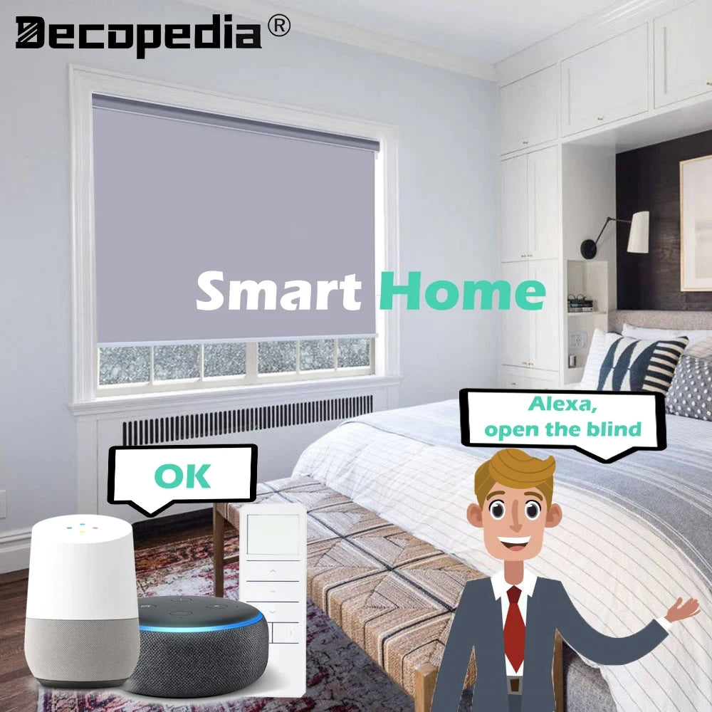 Decopedia motorized smart roller blinds in bedroom with smart home voice control via Amazon Alexa and Google Home