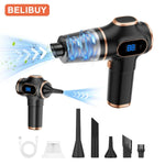 BELIBUY black portable handheld vacuum cleaner in blow and suction modes with full accessory set: USB cable, HEPA filter, two long nozzles, angled nozzle, brush nozzle, and crevice brush