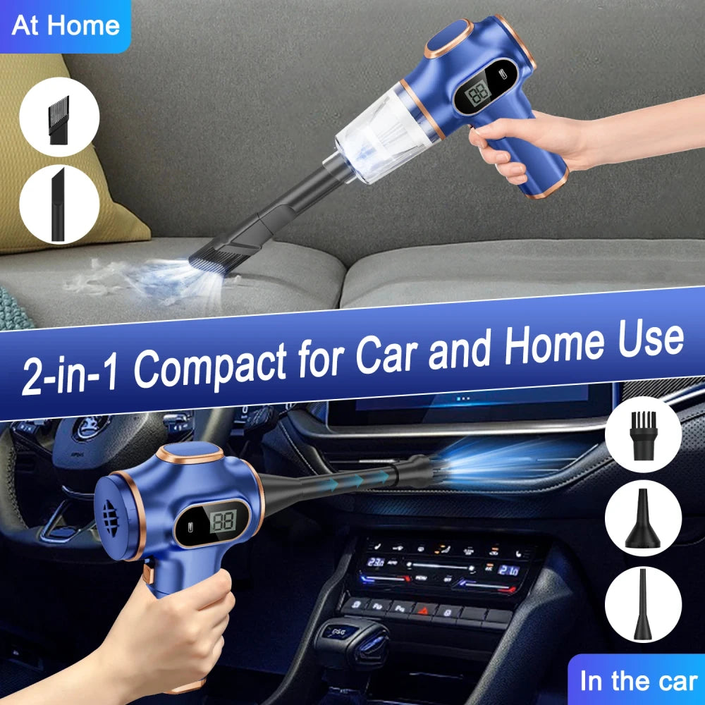 Blue portable handheld vacuum cleaner 2-in-1 use: vacuuming sofa at home with brush and flat nozzle attachments, and blowing dust from car dashboard with blow nozzle and cone attachments