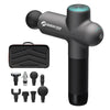 Booster massage gun with large ball attachment, 8 interchangeable heads, and black hard-shell carrying case on white background