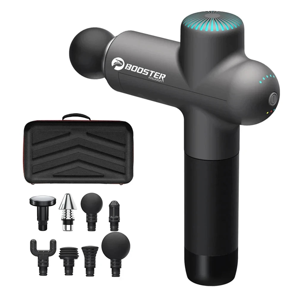 Booster massage gun with large ball attachment, 8 interchangeable heads, and black hard-shell carrying case on white background