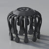 Black octopus electric head massager with dark gray arms and black massage tips, touch control panel on top, on gray background