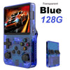 Transparent blue retro handheld game console 128GB variant with colorful XYAB buttons, front and back views