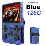 Transparent blue retro handheld game console 128GB variant with colorful XYAB buttons, front and back views
