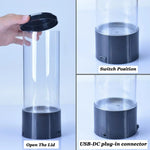 Color changing LED jellyfish night light assembly guide showing how to open the lid, switch position on base, and USB-DC plug-in connector location