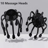 Black octopus head massager with 10 massage heads shown in upright and side view on gray background
