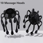 Black octopus head massager with 10 massage heads shown in upright and side view on gray background