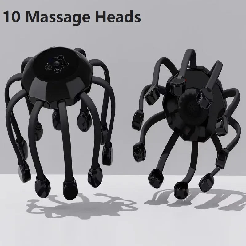 Black octopus head massager with 10 massage heads shown in upright and side view on gray background