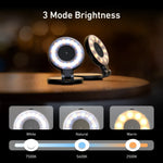 TELESIN magnetic selfie ring light 3-mode brightness chart showing white (7500K), natural (5600K), and warm (2500K) color temperature modes