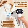 Portable vacuum garment steamer being used on hanging shirt with 5000Pa suction and steam recycling technology callouts