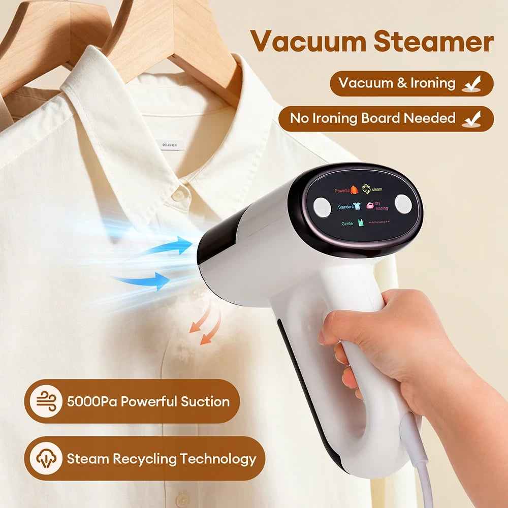 Portable vacuum garment steamer being used on hanging shirt with 5000Pa suction and steam recycling technology callouts