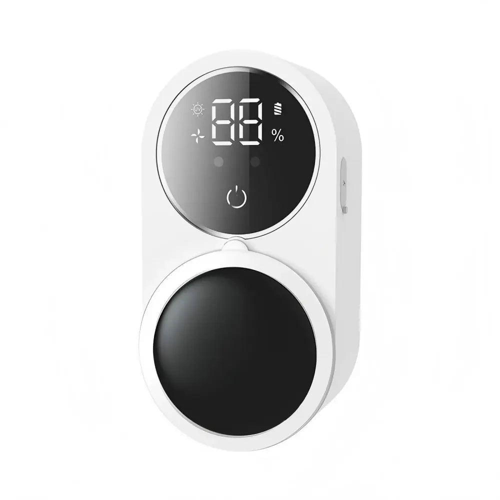 Automatic rotating toothbrush dryer front view with LED display and rotating dust cover on white background