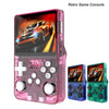 Retro handheld game console in pink, transparent blue, and transparent green color variants with racing game on screen, white background