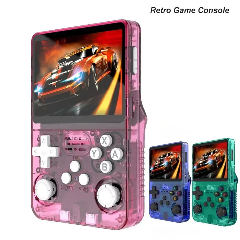 Retro handheld game console in pink, transparent blue, and transparent green color variants with racing game on screen, white background
