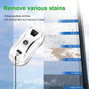 PuRuiKai electric window cleaning robot on glass surface removing various stains including bird droppings, dust, rain stains, sticky stains, ink stains, and fingerprints