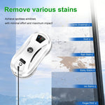 PuRuiKai electric window cleaning robot on glass surface removing various stains including bird droppings, dust, rain stains, sticky stains, ink stains, and fingerprints