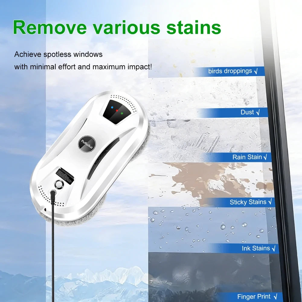 PuRuiKai electric window cleaning robot on glass surface removing various stains including bird droppings, dust, rain stains, sticky stains, ink stains, and fingerprints