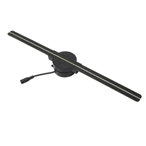 3D hologram fan projector angled view showing LED strip blades on white background