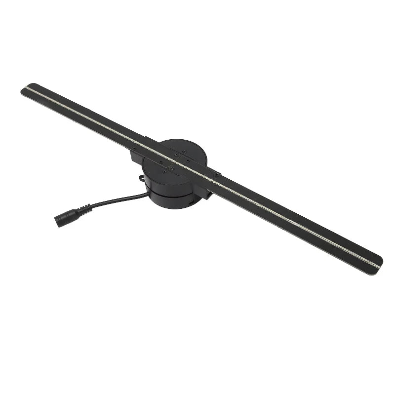 3D hologram fan projector angled view showing LED strip blades on white background