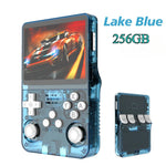 Transparent lake blue retro handheld game console 256GB variant, front and back views showing shoulder buttons
