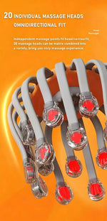 Close-up of 20 individual red LED massage heads on orange octopus head massager showing omnidirectional flexible arms