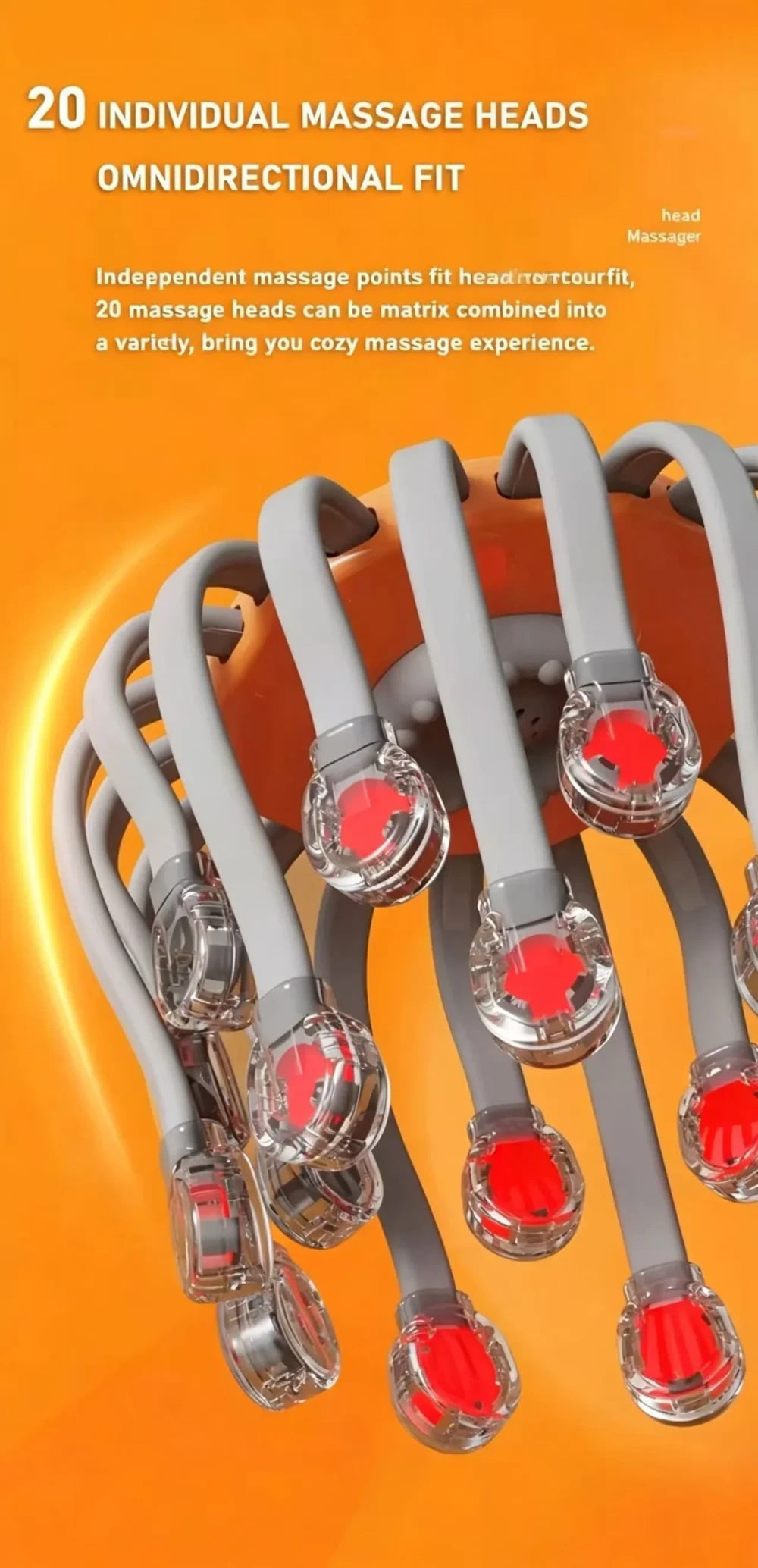 Close-up of 20 individual red LED massage heads on orange octopus head massager showing omnidirectional flexible arms