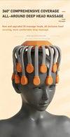 Orange octopus electric head massager shown on mannequin head demonstrating 360-degree full-head coverage, approximately 16.5cm / 8.5 inch diameter