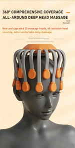 Orange octopus electric head massager shown on mannequin head demonstrating 360-degree full-head coverage, approximately 16.5cm / 8.5 inch diameter