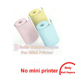 Three rolls of pastel colored thermal paper — pink, yellow, and blue — for portable mini printer, paper only no printer included