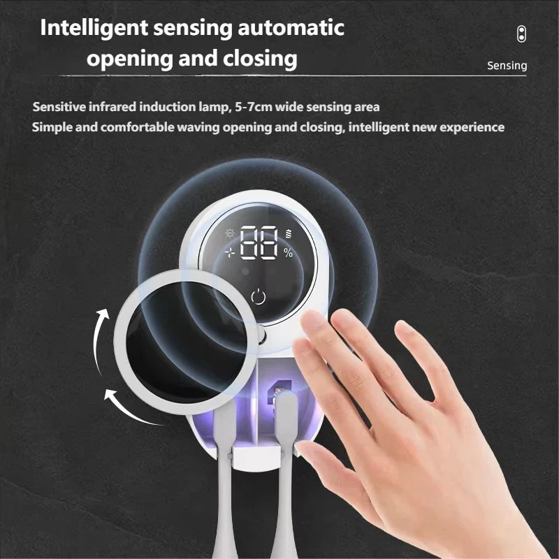 Hand waving in front of automatic toothbrush dryer showing infrared sensor opening and closing