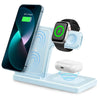 3-in-1 wireless charging station in light blue color with blue wireless charging glow animation, charging iPhone 13 Pro at 88%, Apple Watch, and AirPods Pro, on white background