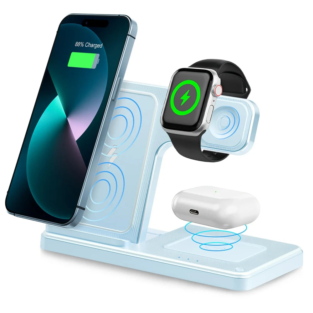 3-in-1 wireless charging station in light blue color with blue wireless charging glow animation, charging iPhone 13 Pro at 88%, Apple Watch, and AirPods Pro, on white background