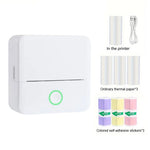 White portable thermal pocket printer with 3 thermal paper rolls, 3 colored self-adhesive sticker rolls, and USB cable package contents