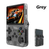 Transparent grey retro handheld game console 64GB variant, front and back views showing shoulder buttons and internal components