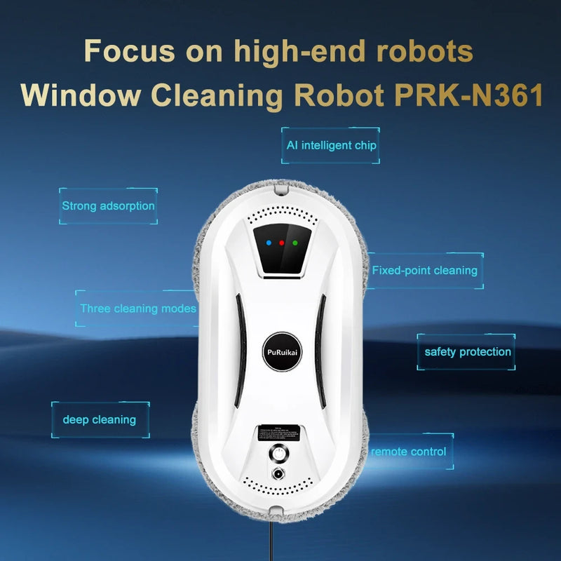 PuRuiKai PRK-N361 electric window cleaning robot feature overview highlighting AI intelligent chip, strong adsorption, three cleaning modes, fixed-point cleaning, deep cleaning, safety protection, and remote control