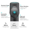 Booster massage gun control panel close-up: standard mode 5-speed adjustable, wave vibration, crescendo vibration for pre-workout, fade-out vibration for post-workout; 80mm massage depth, 10mm stroke length, 15kg pressure bearing