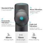 Booster massage gun control panel close-up: standard mode 5-speed adjustable, wave vibration, crescendo vibration for pre-workout, fade-out vibration for post-workout; 80mm massage depth, 10mm stroke length, 15kg pressure bearing