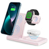 3-in-1 wireless charging station in pink/rose color with blue wireless charging glow animation, charging iPhone 13 Pro at 88%, Apple Watch, and AirPods Pro, on white background