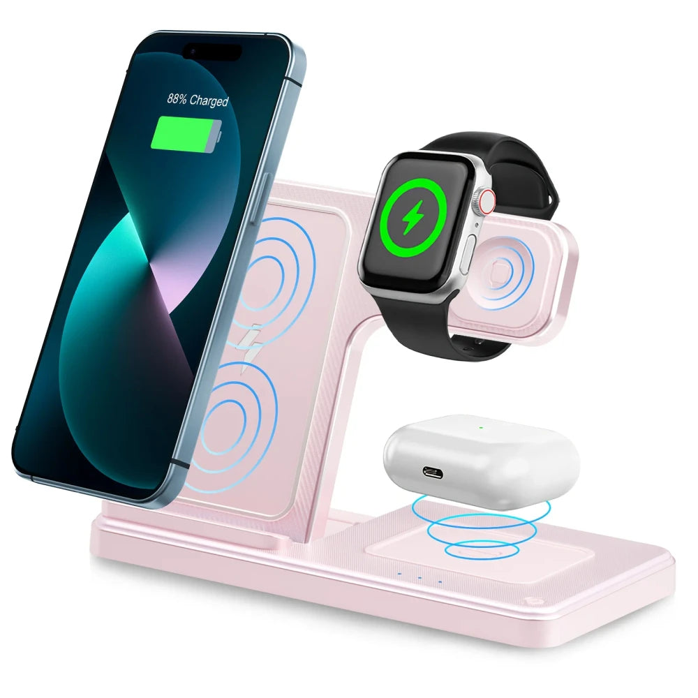 3-in-1 wireless charging station in pink/rose color with blue wireless charging glow animation, charging iPhone 13 Pro at 88%, Apple Watch, and AirPods Pro, on white background