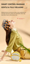 Woman wearing orange octopus electric head massager leaning back in relaxation, smart control head massager lifestyle shot