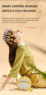 Woman wearing orange octopus electric head massager leaning back in relaxation, smart control head massager lifestyle shot