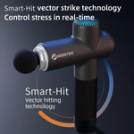 Booster massage gun with round ball head attachment; Smart-Hit vector strike technology for real-time stress control, teal LED top, dark background