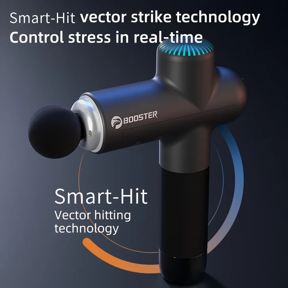 Booster massage gun with round ball head attachment; Smart-Hit vector strike technology for real-time stress control, teal LED top, dark background